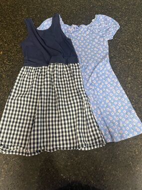 BUNDLE LOT SET Little Girls Blue Floral Gingham Checked Ruffle Sleeveless Dress